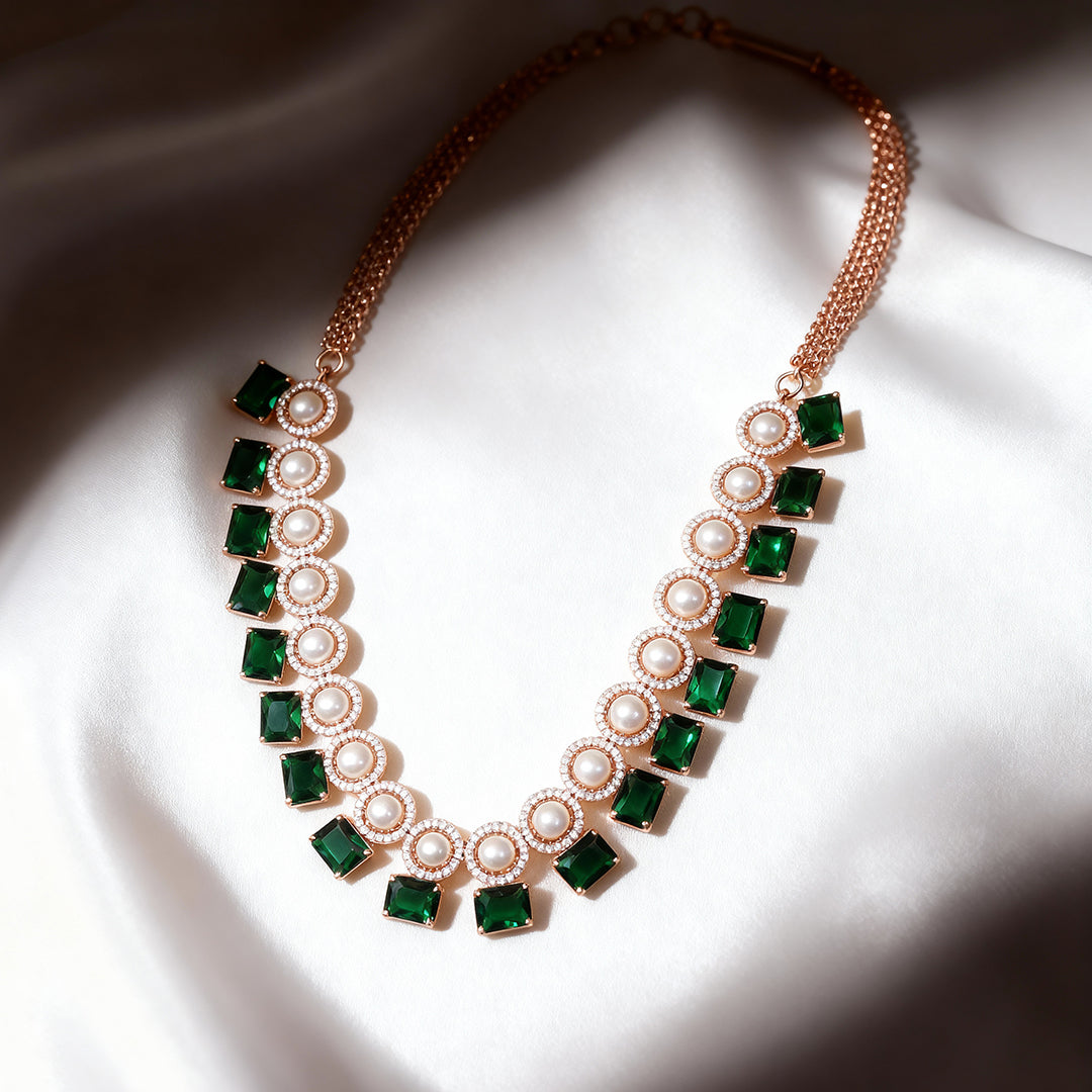 Rose Gold Pearl & Green Stone Party Necklace