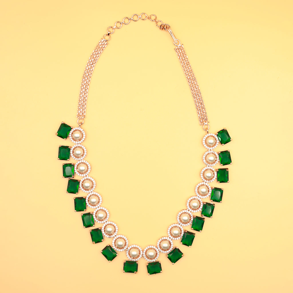 Rose Gold Pearl & Green Stone Party Necklace