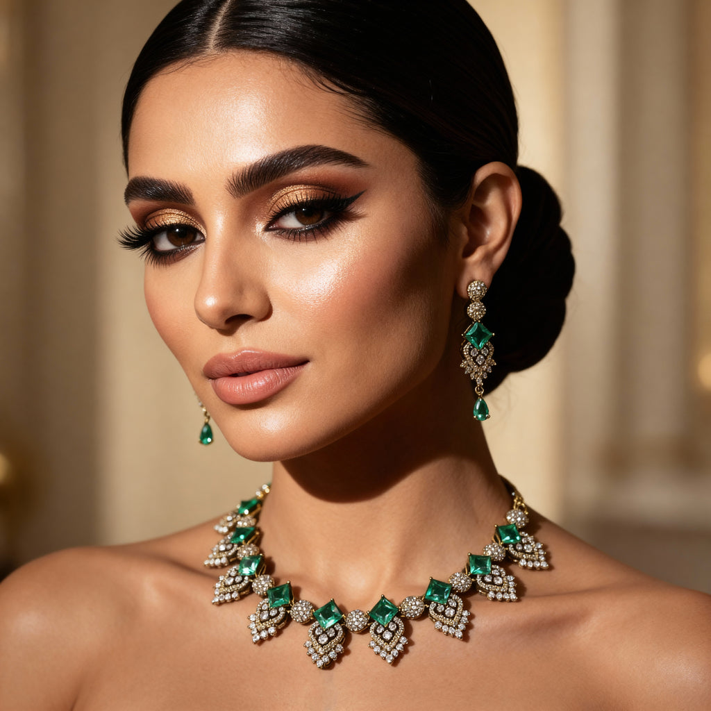 Elegant Emerald Green Necklace Set – Antique Gold Imitation Jewelry