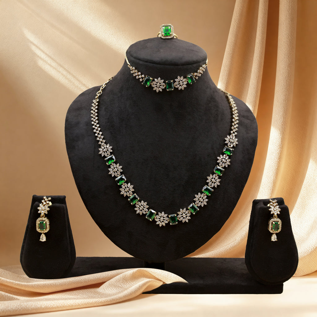 Royal Emerald Green Antique Imitation Jewelry Set – Necklace, Earrings & Ring for Bridal & Festive Wear