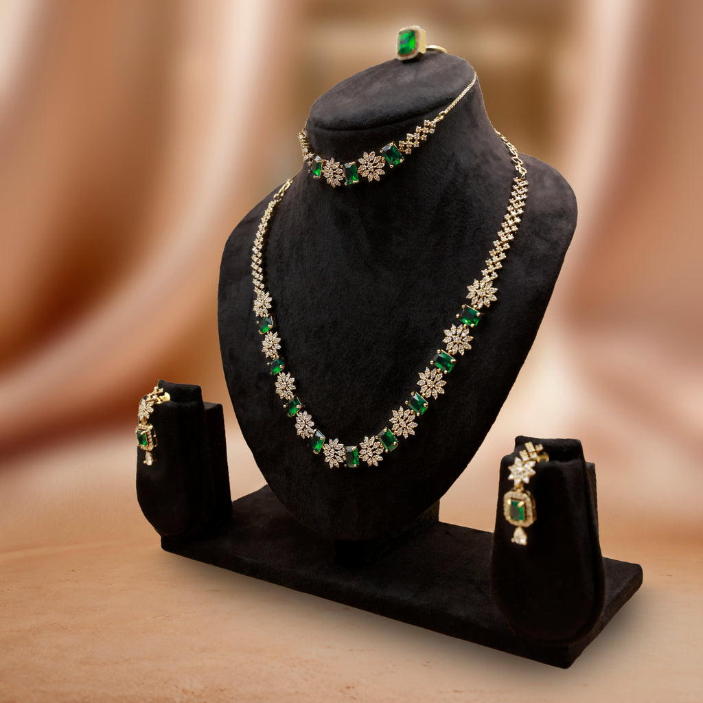Royal Emerald Green Antique Imitation Jewelry Set – Necklace, Earrings & Ring for Bridal & Festive Wear