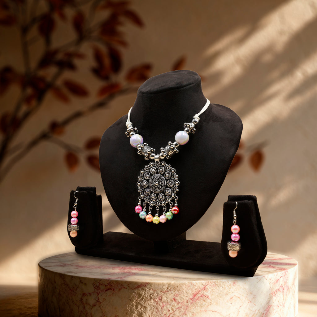 Silver Tone Oxidized Necklace Set with Multicolor Beads