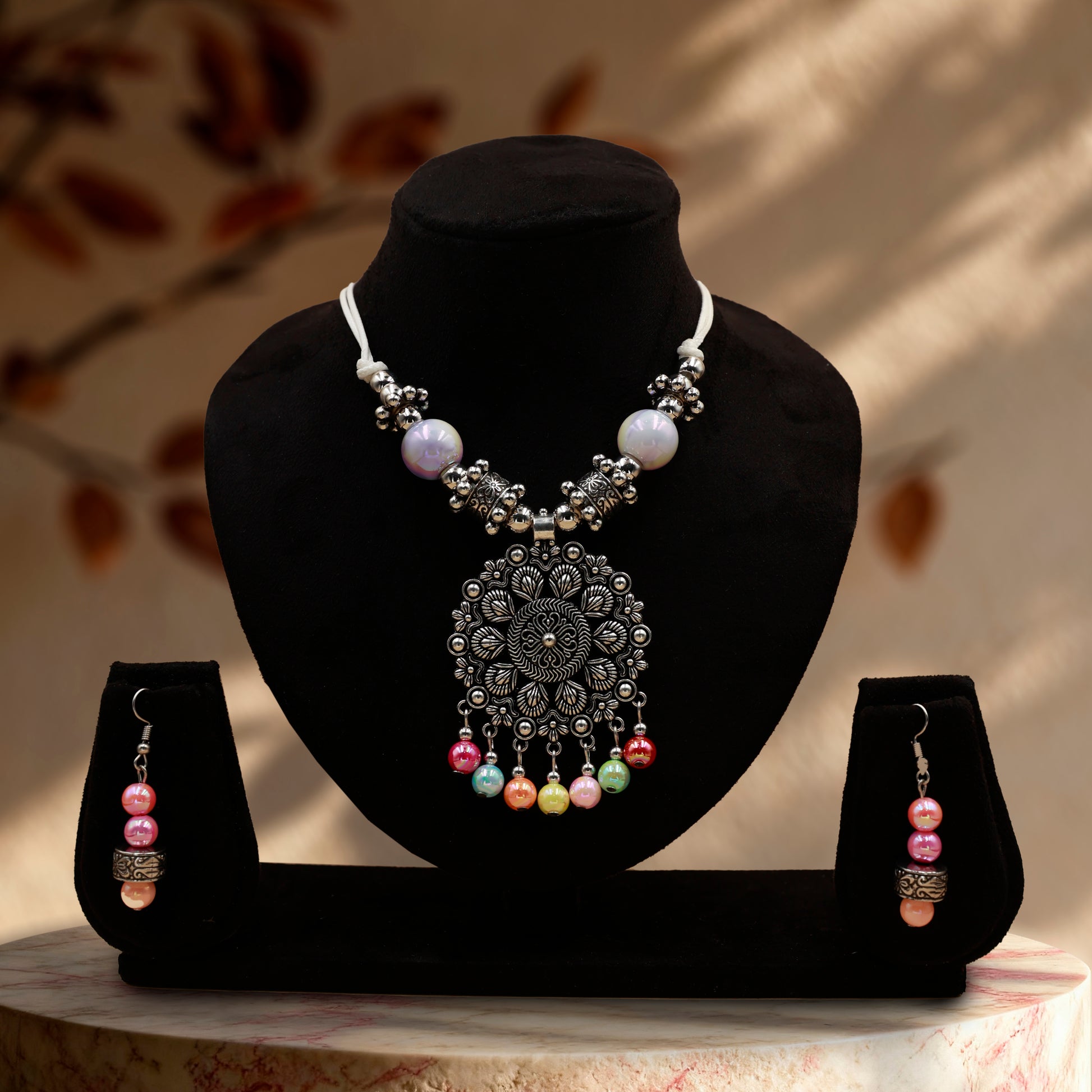 Silver Tone Oxidized Necklace Set with Multicolor Beads