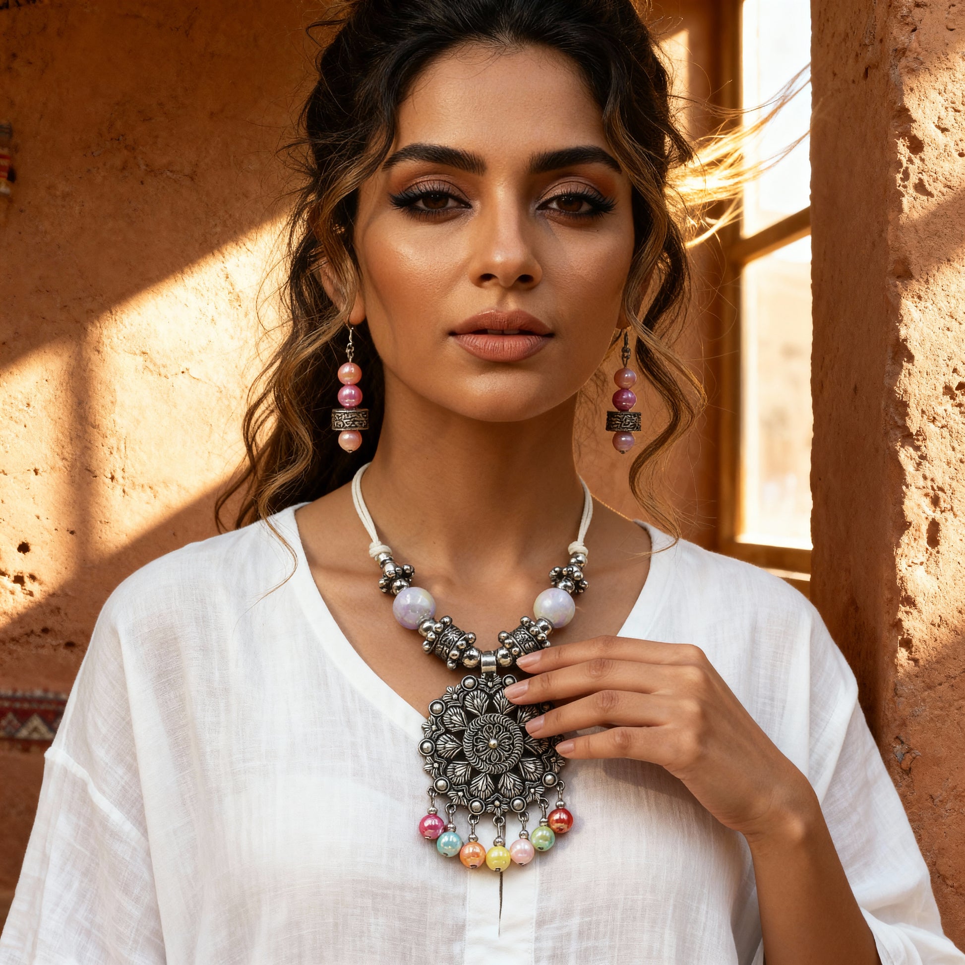 Silver Tone Oxidized Necklace Set with Multicolor Beads