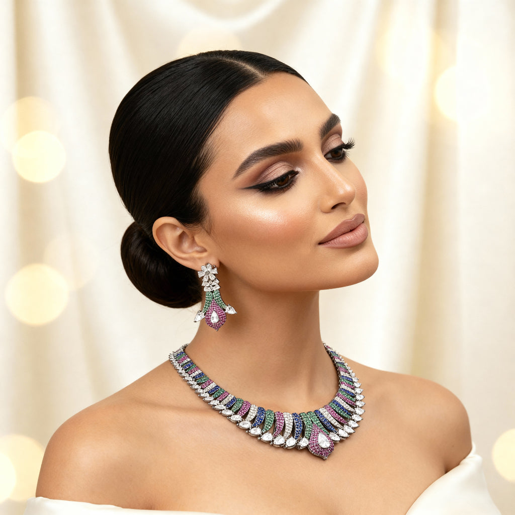 Elegant Multicolor Crystal Necklace & Earrings Set – Premium Imitation Jewelry