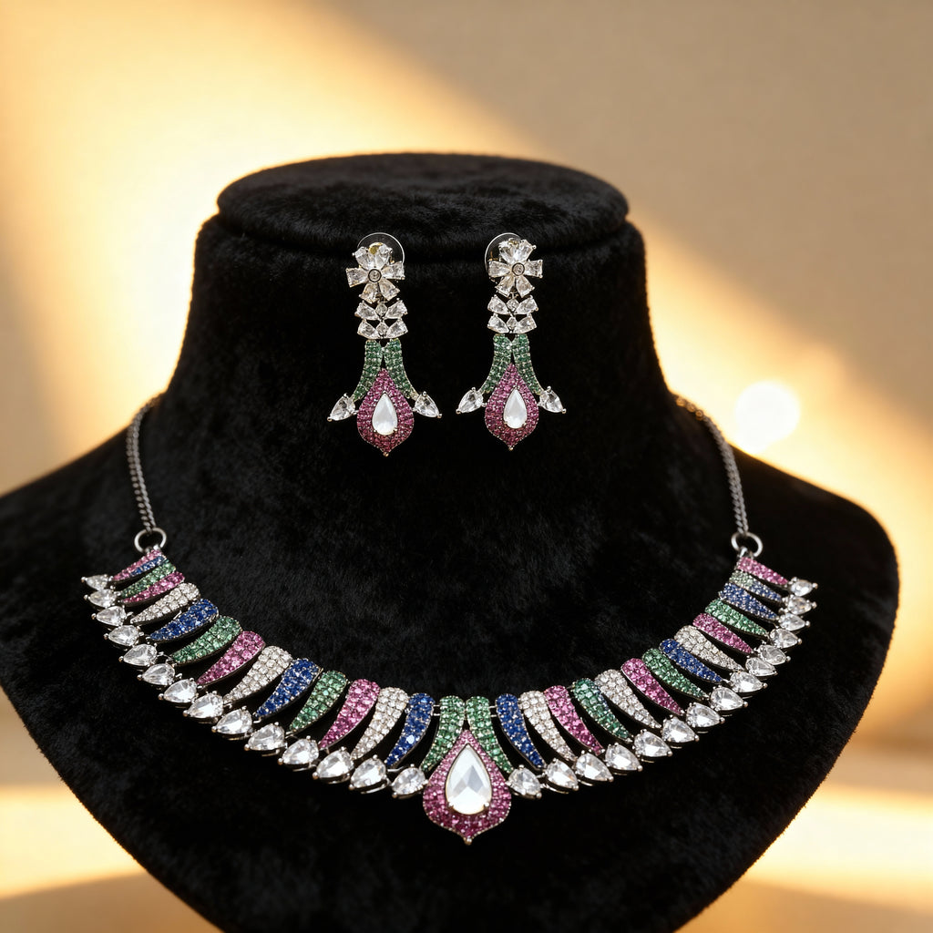 Elegant Multicolor Crystal Necklace & Earrings Set – Premium Imitation Jewelry