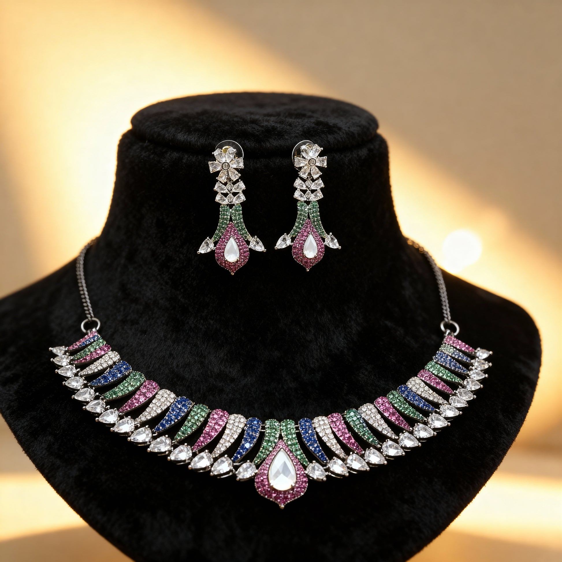 Elegant Multicolor Crystal Necklace & Earrings Set – Premium Imitation Jewelry