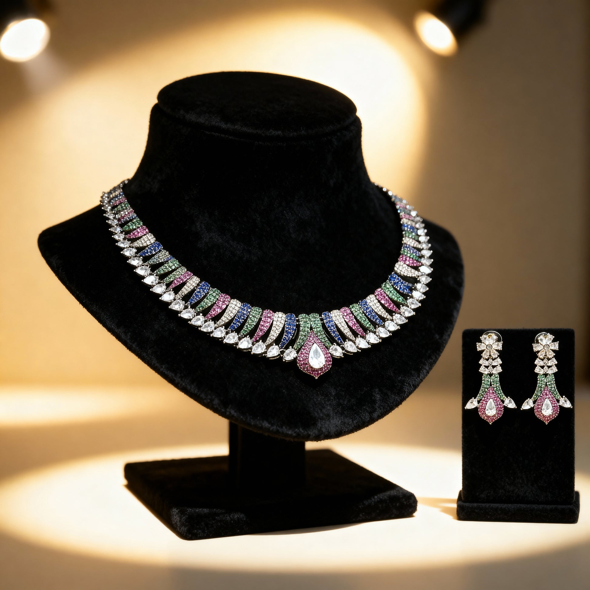 Elegant Multicolor Crystal Necklace & Earrings Set – Premium Imitation Jewelry