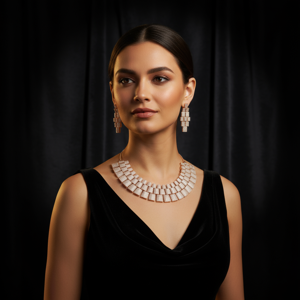 Luxury Rose Gold Geometric Necklace Set with Earrings | Statement Diamond Look Jewelry for Women