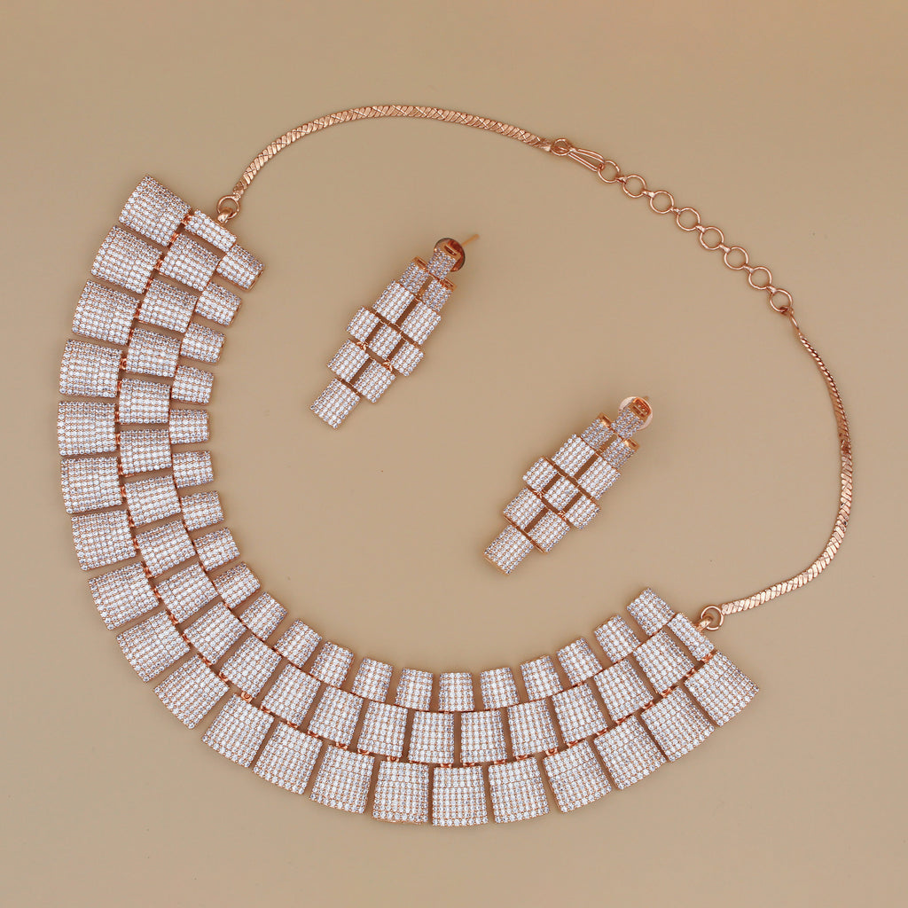 Luxury Rose Gold Geometric Necklace Set with Earrings | Statement Diamond Look Jewelry for Women