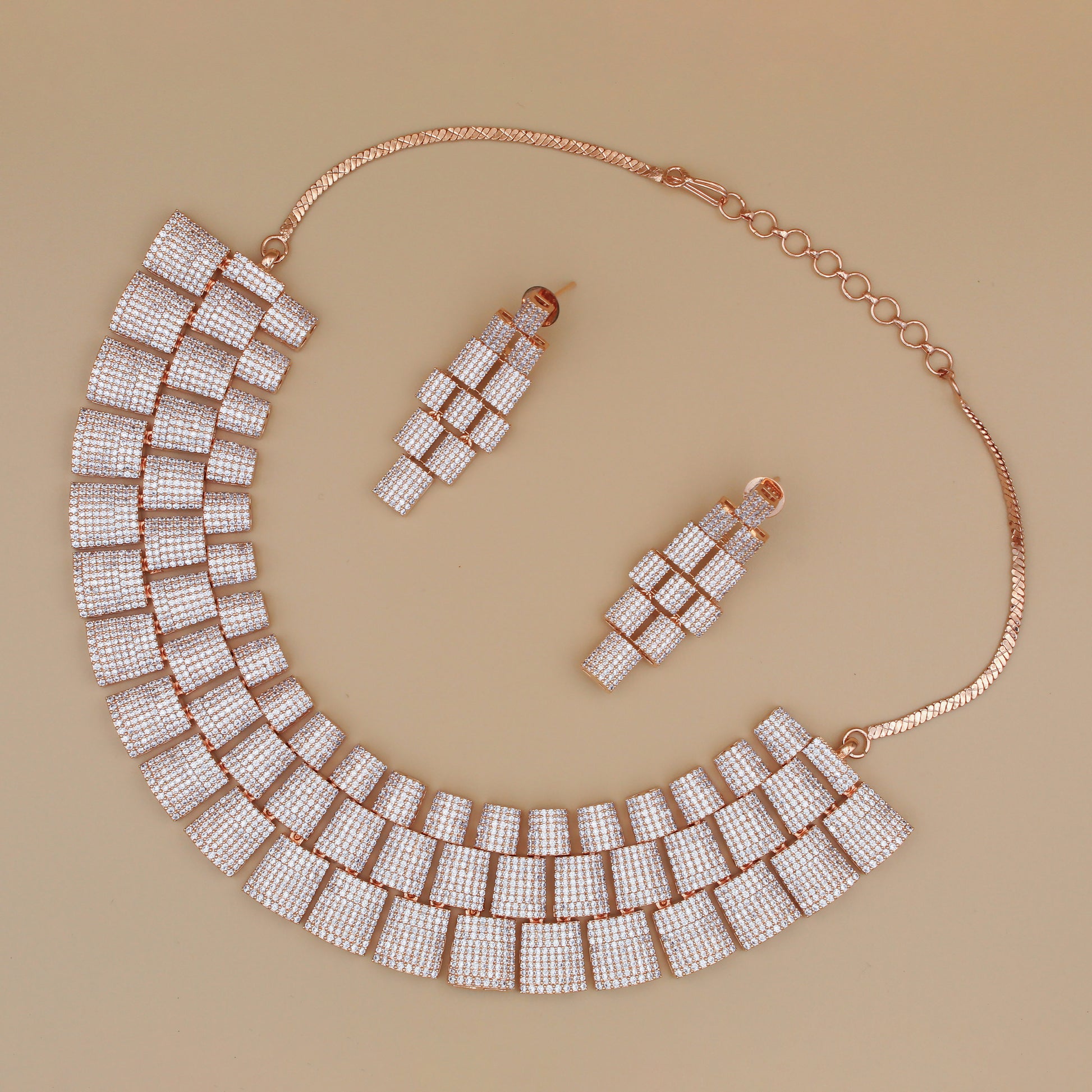 Luxury Rose Gold Geometric Necklace Set with Earrings | Statement Diamond Look Jewelry for Women