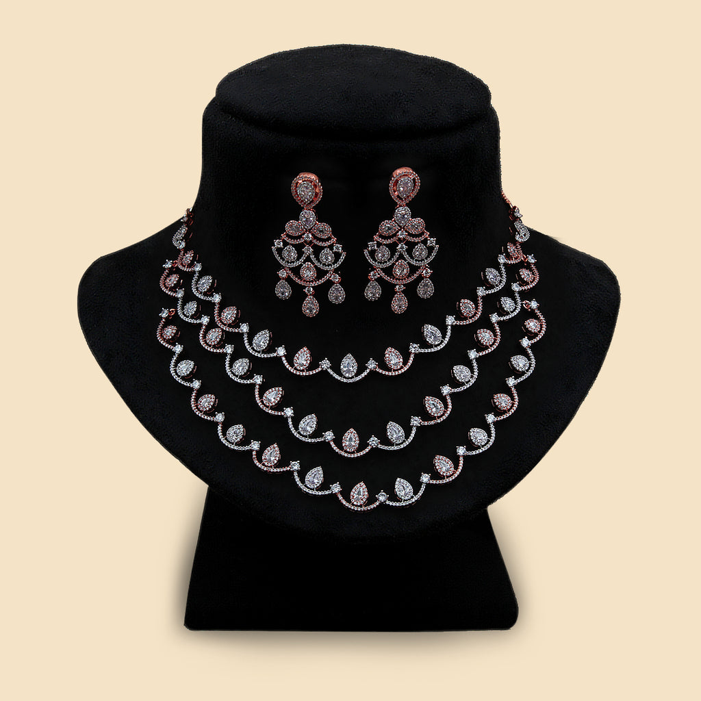 Luxury Rose Gold Layered Necklace Set with Chandelier Earrings | Diamond Look Bridal Jewelry
