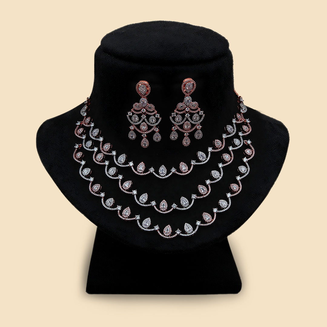Luxury Rose Gold Layered Necklace Set with Chandelier Earrings | Diamond Look Bridal Jewelry