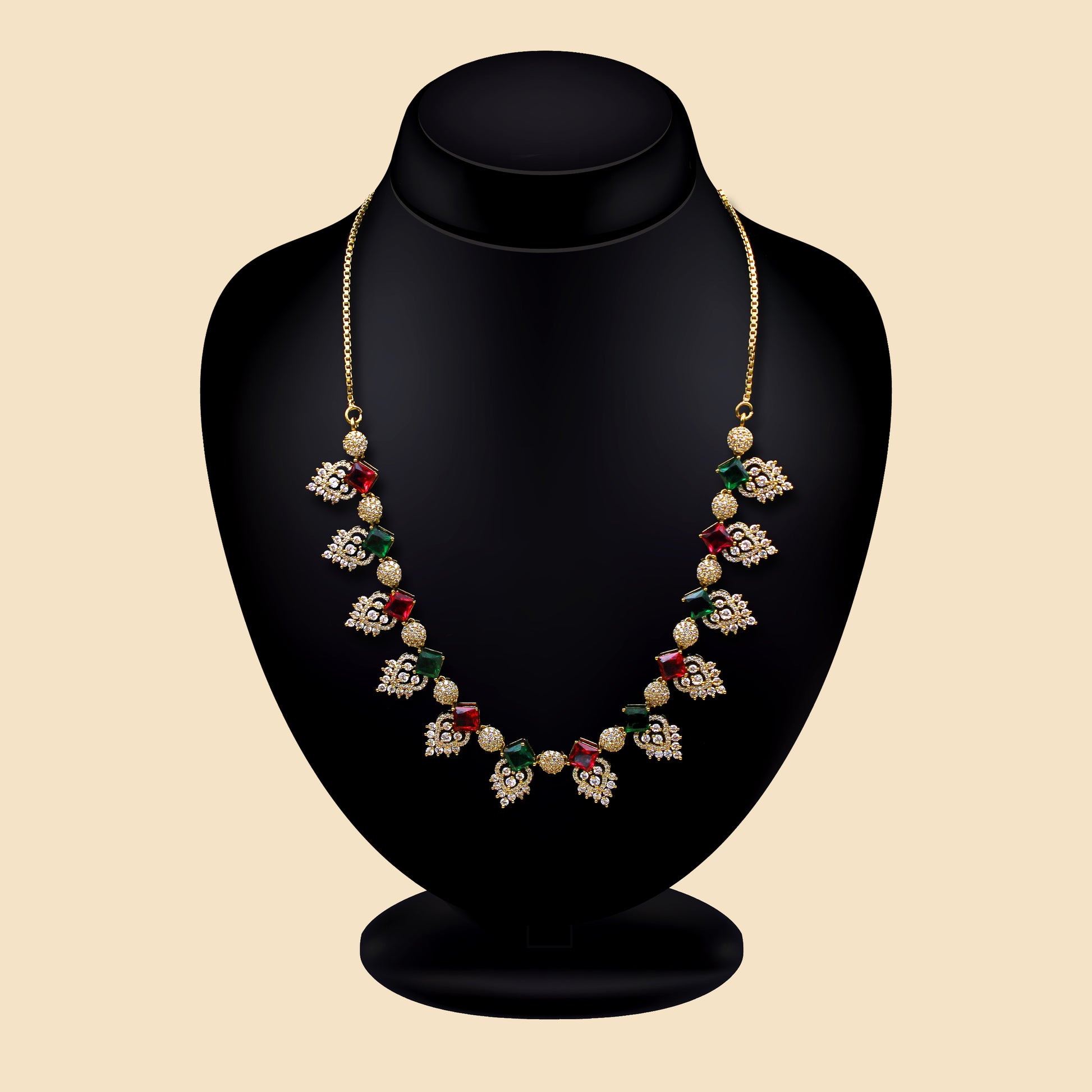 Antique Gold Necklace with Red & Green Gemstones | Traditional Imitation Jewelry for Women