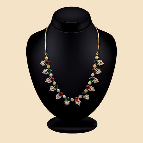 Antique Gold Necklace with Red & Green Gemstones | Traditional Imitation Jewelry for Women