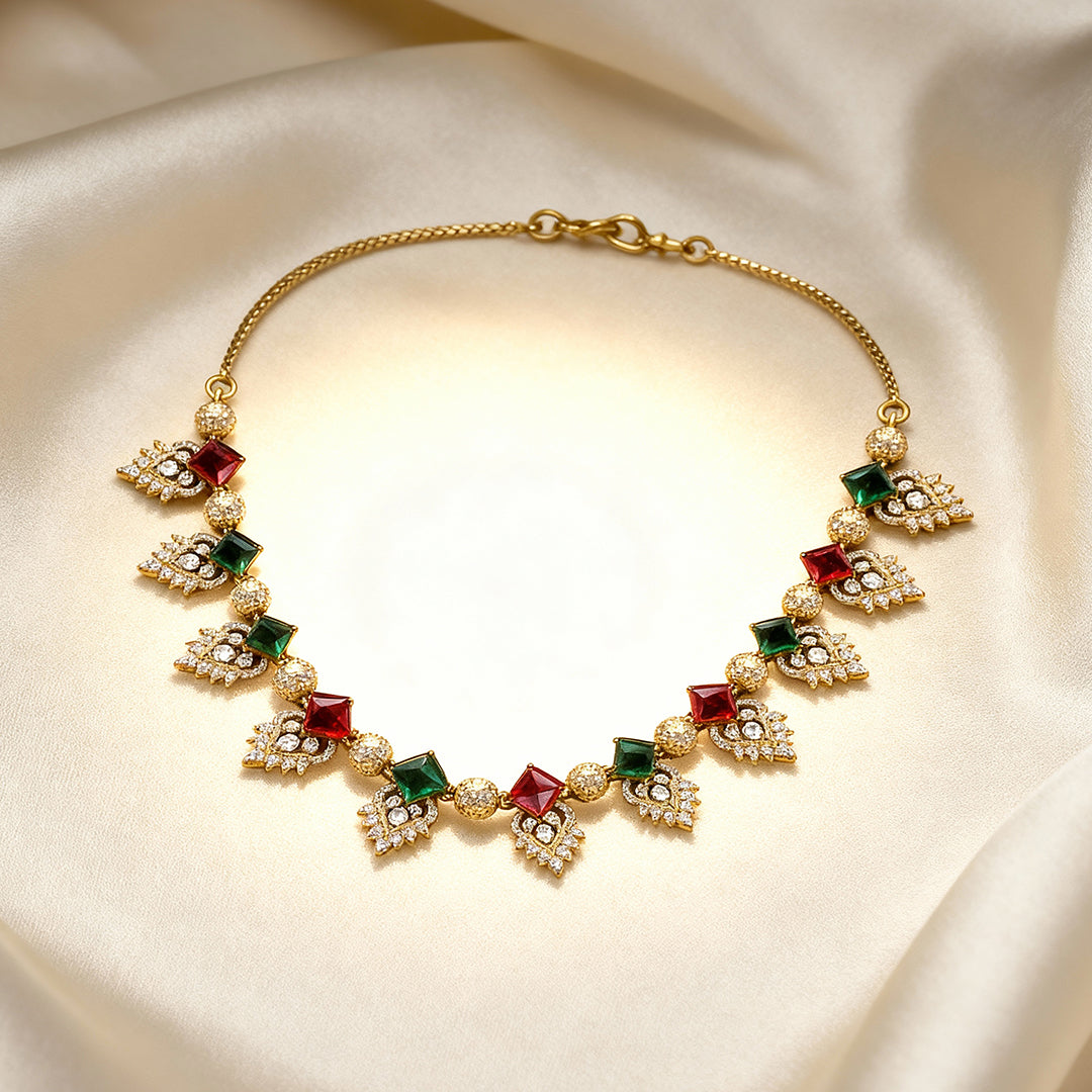 Antique Gold Necklace with Red & Green Gemstones | Traditional Imitation Jewelry for Women