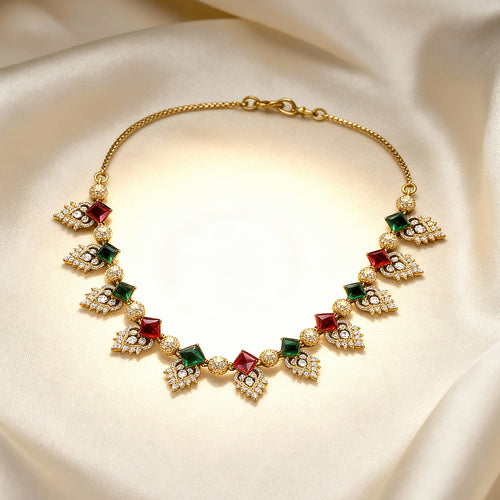 Antique Gold Necklace with Red & Green Gemstones | Traditional Imitation Jewelry for Women