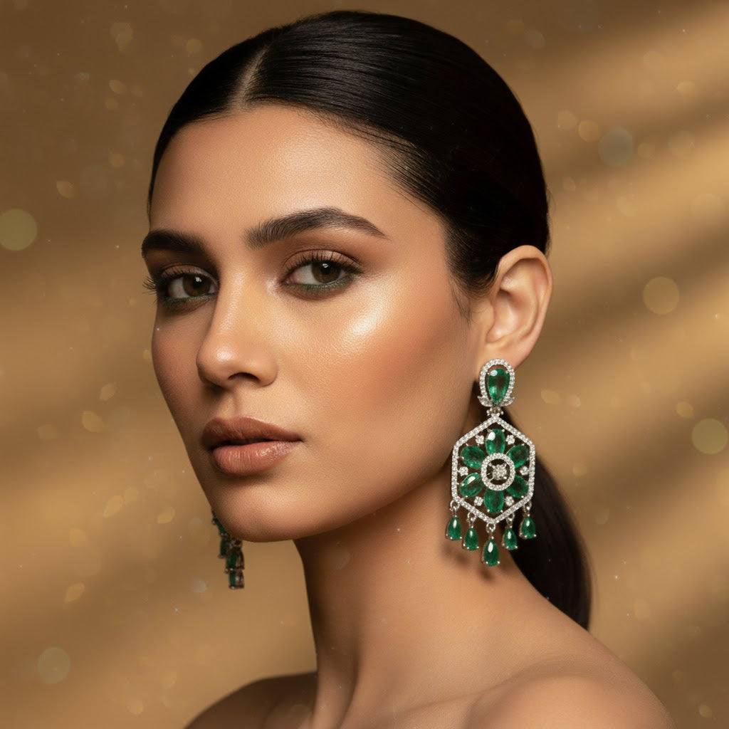 Hexagonal Floral Design Earrings – Green Crystal Statement Jewellery