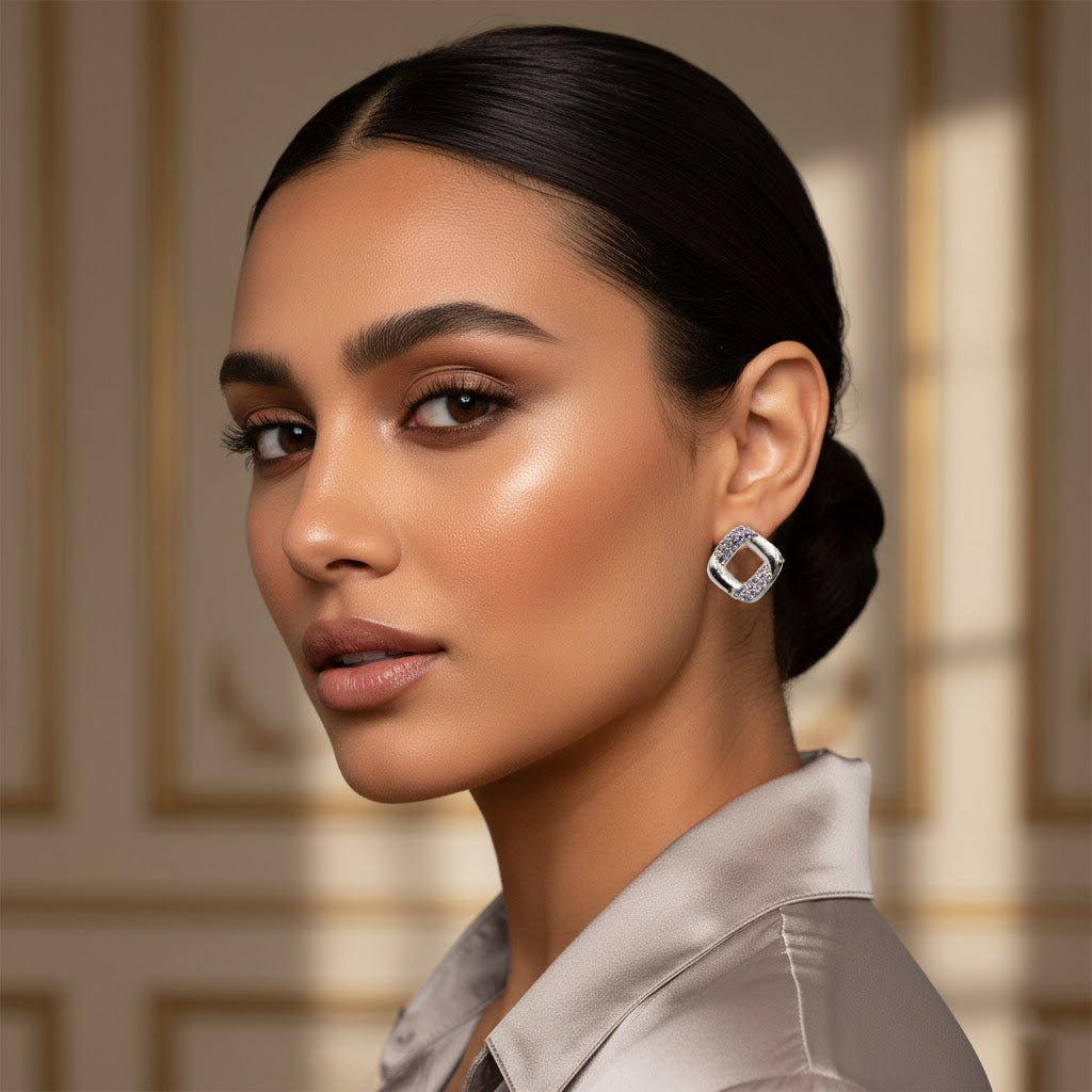 Silver Square Stud Earrings with Purple Stones | Stylish Imitation Jewelry for Women