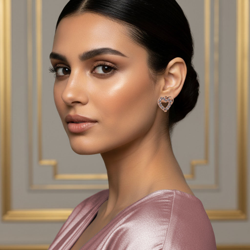 Rose Gold Heart Stud Earrings with White Stones | Romantic Imitation Jewelry for Women