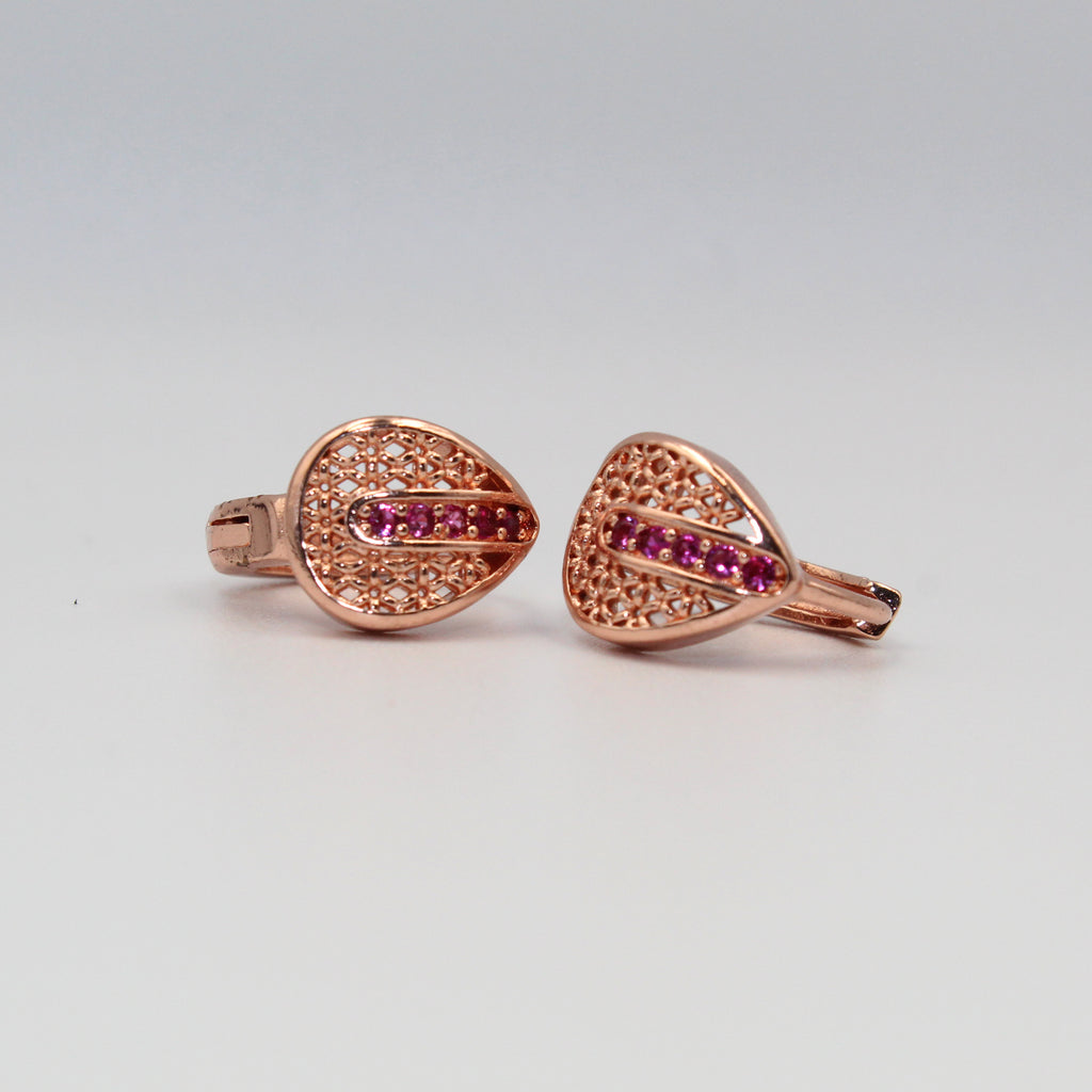 Rose Gold Drop-Shape Earrings with Ruby-Tone Stones | Elegant Imitation Jewelry for Women