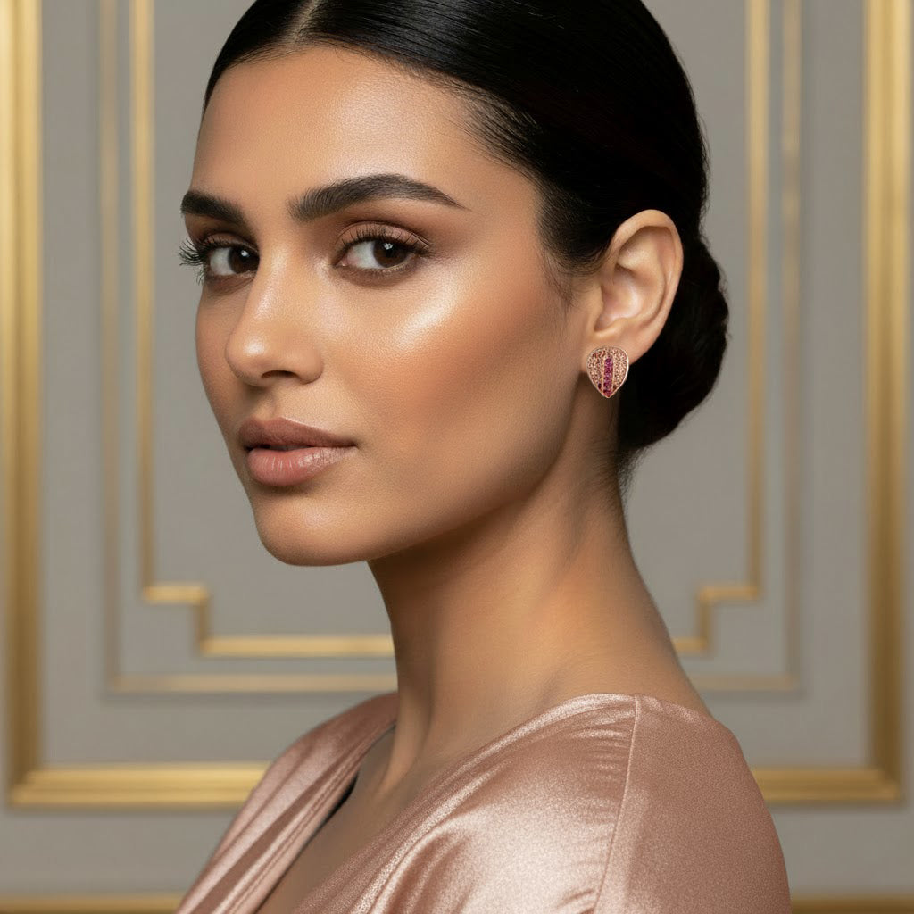 Rose Gold Drop-Shape Earrings with Ruby-Tone Stones | Elegant Imitation Jewelry for Women