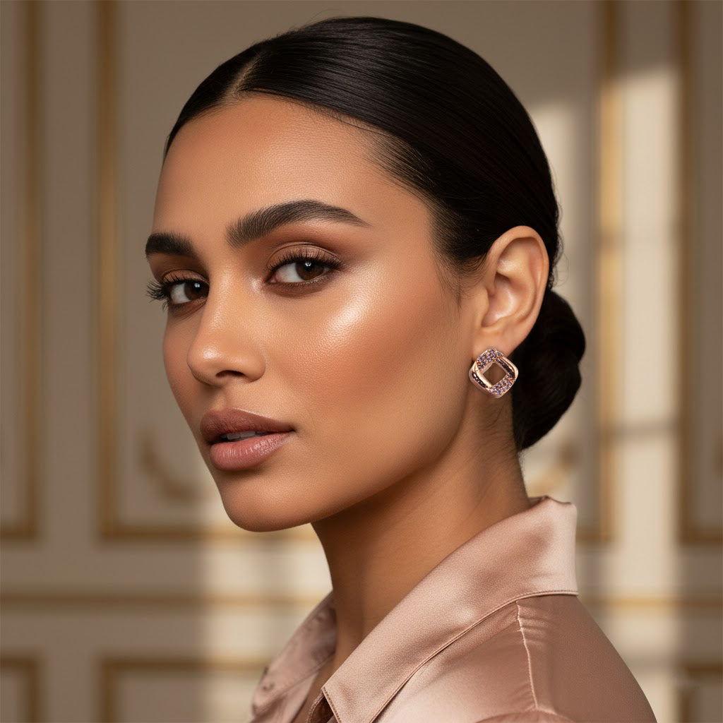 Elegant Rose Gold Square Stud Earrings with Sparkling Stones | Imitation Jewelry for Women