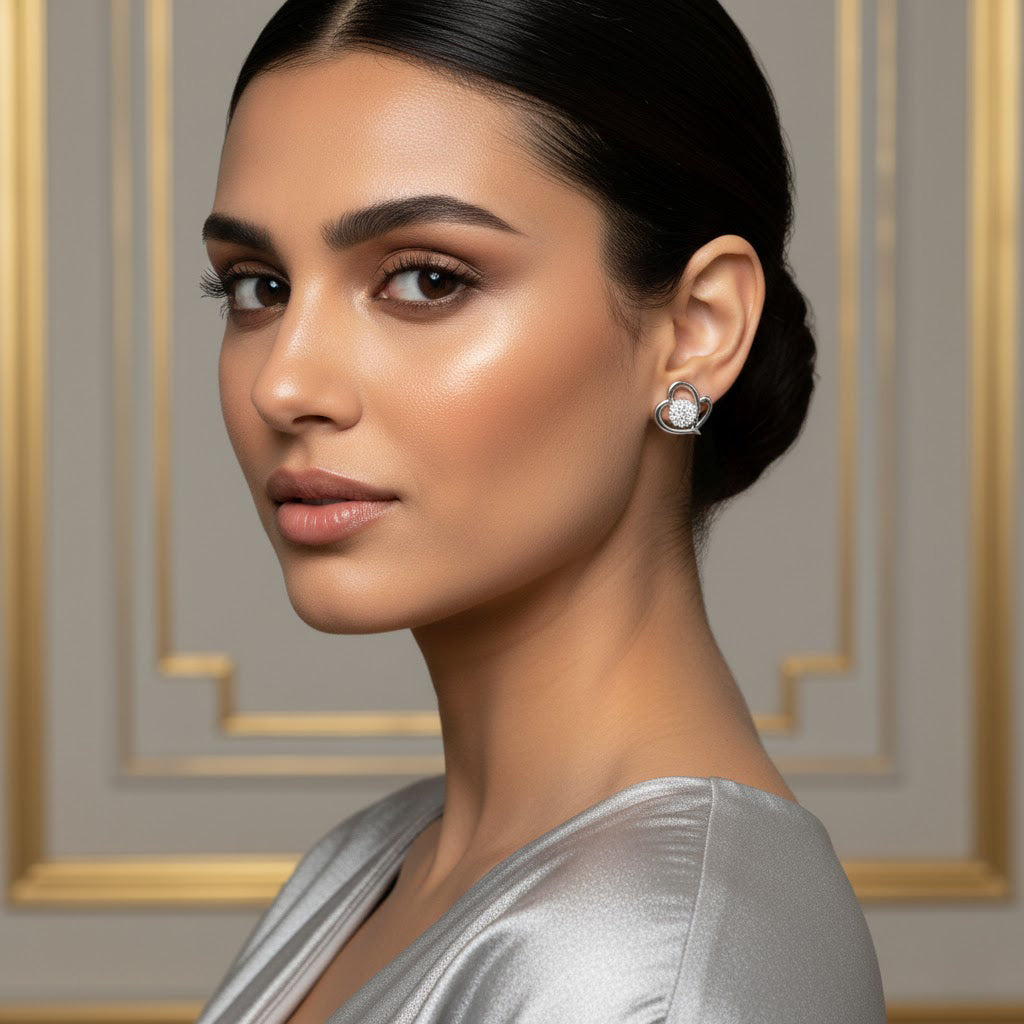 Sparkling Silver Heart Stud Earrings with White Stones | Elegant Imitation Jewelry for Women