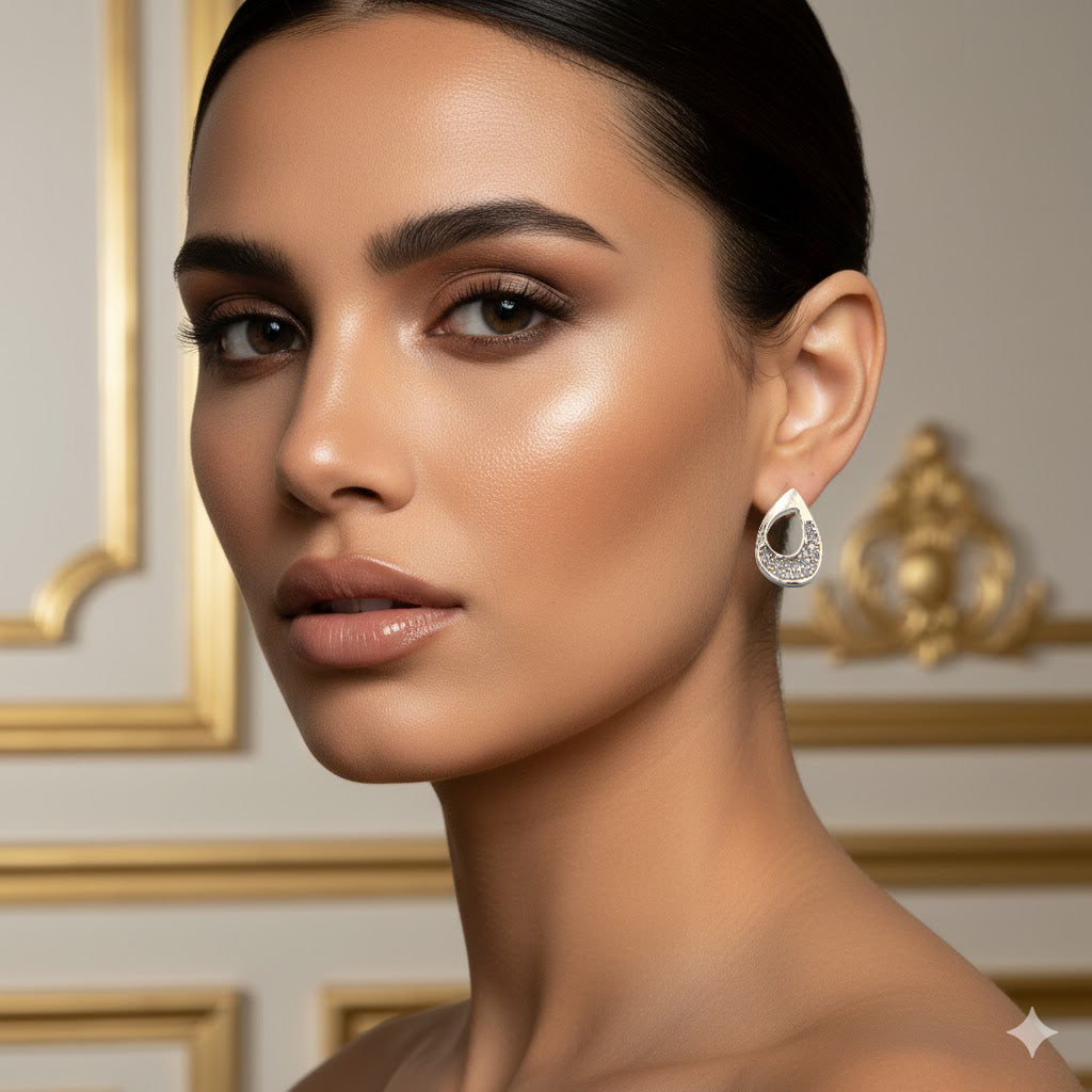 Elegant Silver-Tone Teardrop Stud Earrings with Sparkling White Stones | Imitation Jewelry