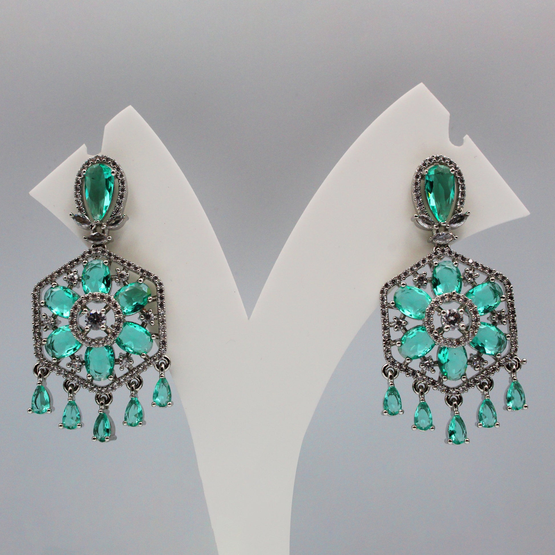 Hexagonal Floral Design Earrings – Green Crystal Statement Jewellery