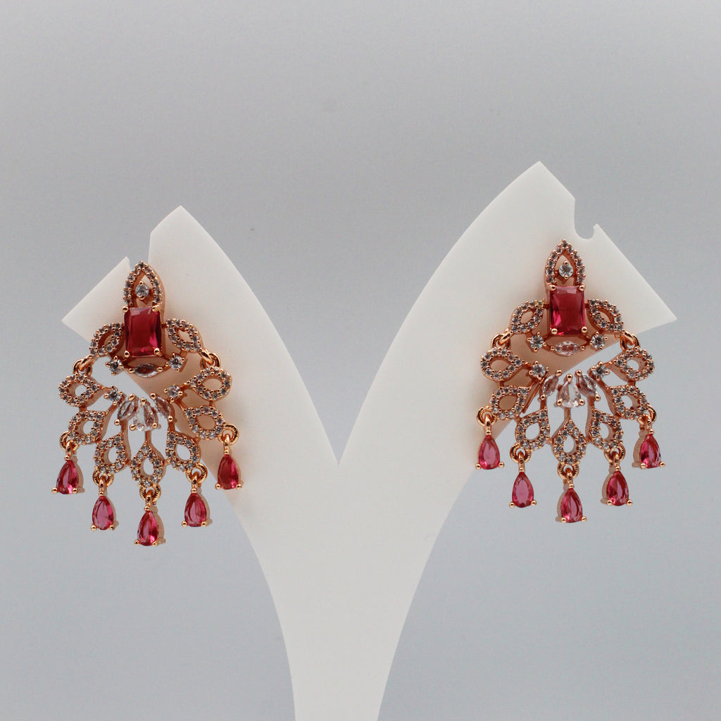 Rose Gold Chandelier Earrings with Red Stones | Designer Imitation Jewelry for Women