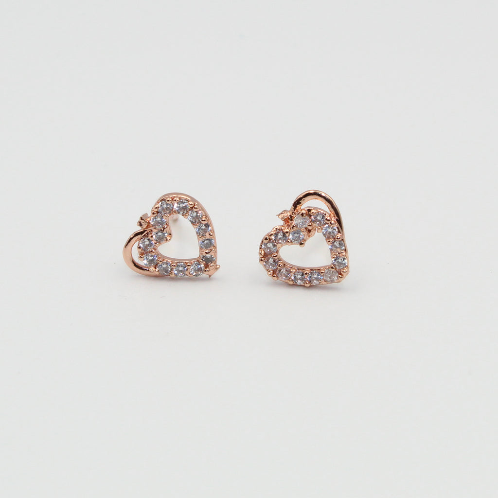 Rose Gold Heart Stud Earrings with White Stones | Romantic Imitation Jewelry for Women