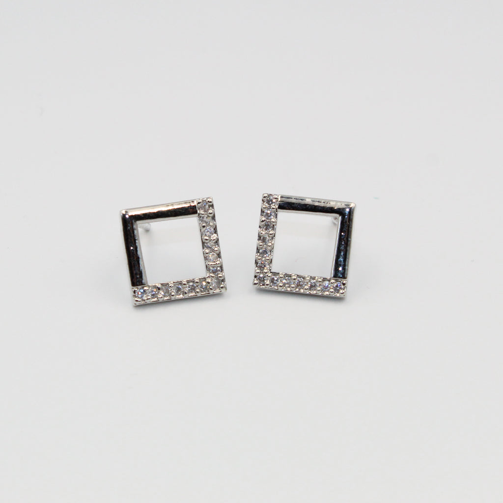 Silver Square Stud Earrings with White Stones | Modern Imitation Jewelry for Women