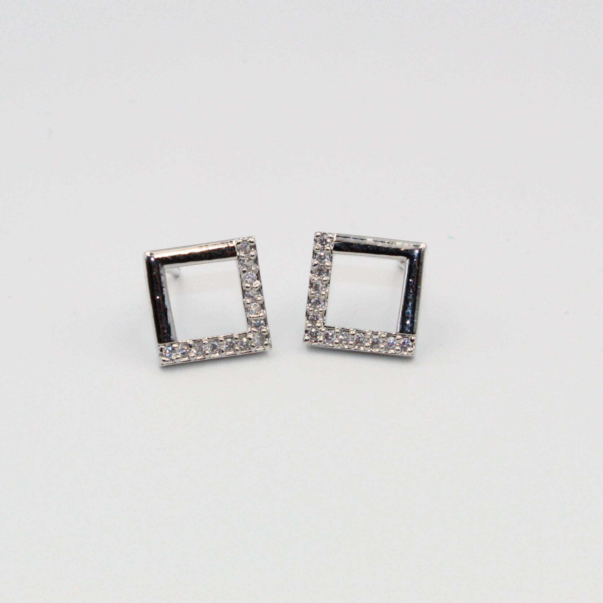 Silver Square Stud Earrings with White Stones | Modern Imitation Jewelry for Women