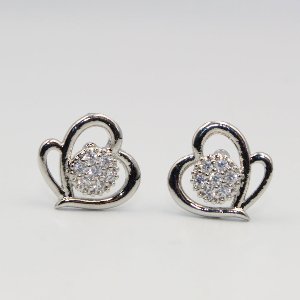 Sparkling Silver Heart Stud Earrings with White Stones | Elegant Imitation Jewelry for Women