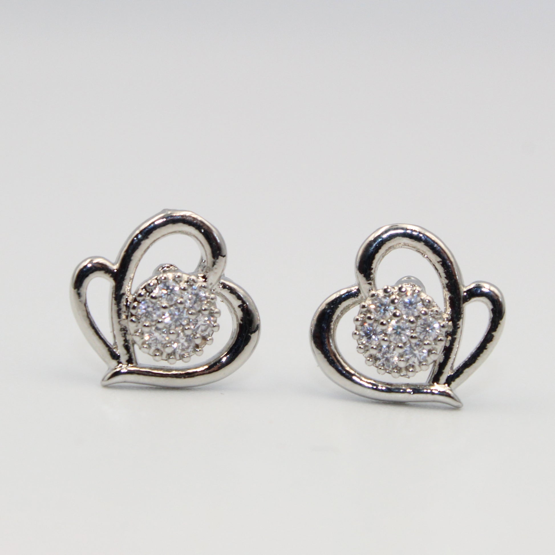 Sparkling Silver Heart Stud Earrings with White Stones | Elegant Imitation Jewelry for Women