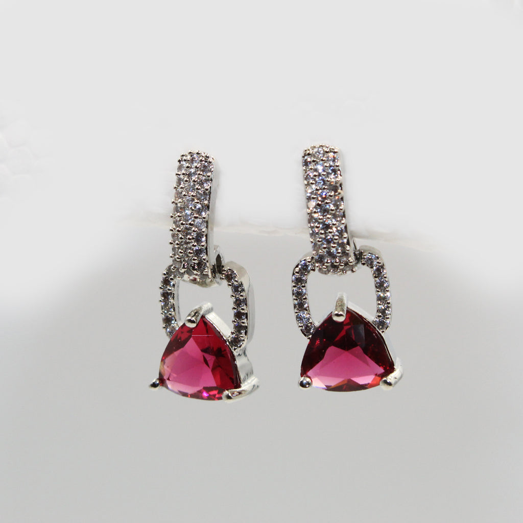 Elegant Silver Tone Earrings – Red Stone and White Crystal Design