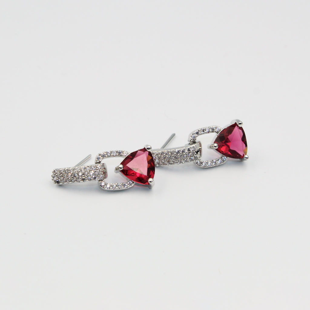 Elegant Silver Tone Earrings – Red Stone and White Crystal Design