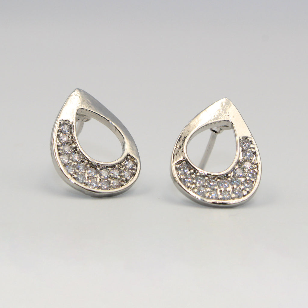 Elegant Silver-Tone Teardrop Stud Earrings with Sparkling White Stones | Imitation Jewelry
