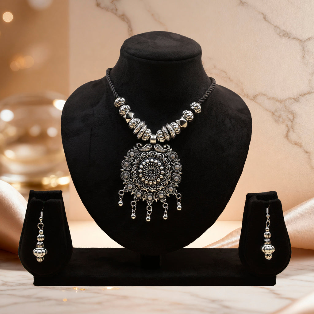 Boho Oxidized Silver Necklace & Earrings Set