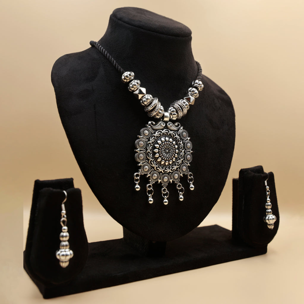 Boho Oxidized Silver Necklace & Earrings Set