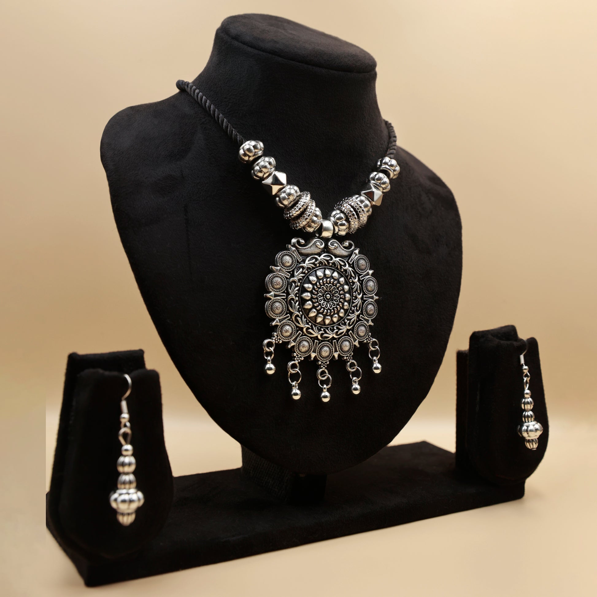 Boho Oxidized Silver Necklace & Earrings Set
