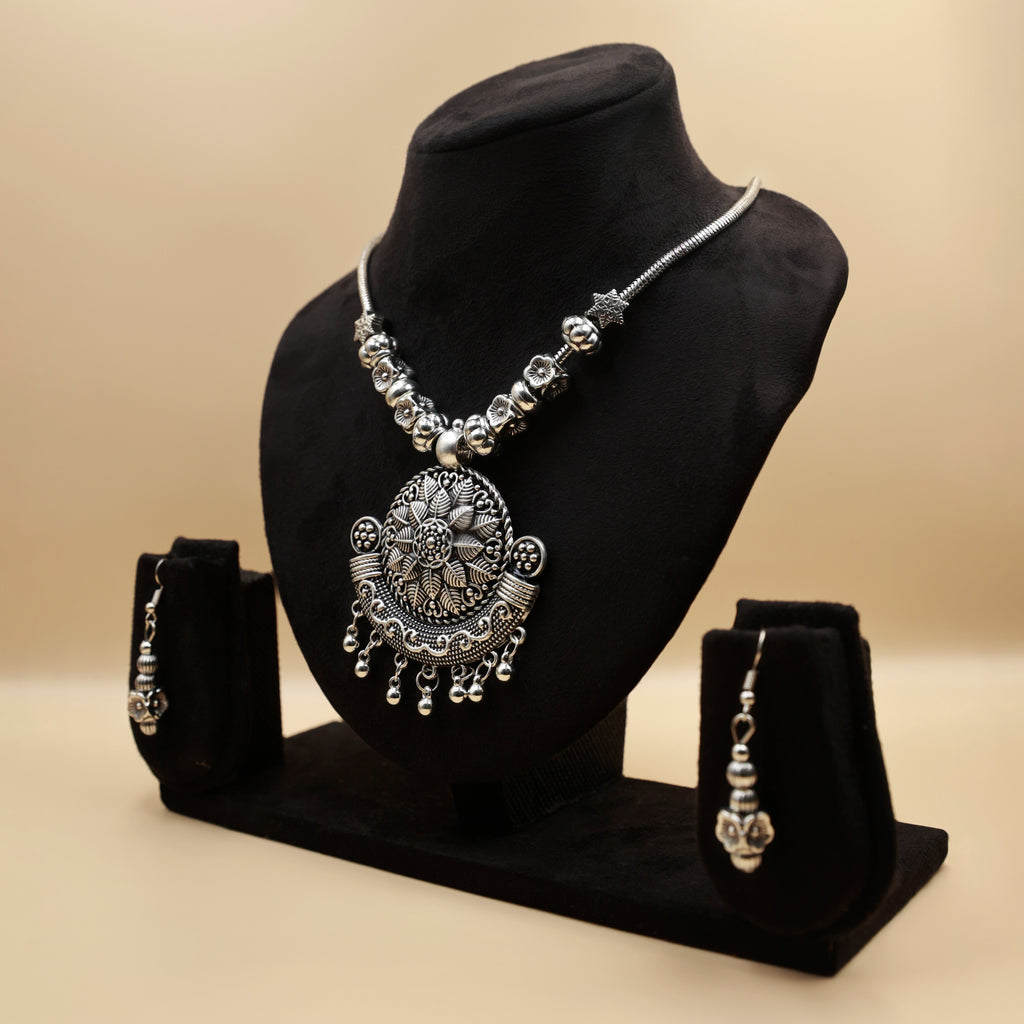 Boho Oxidized Silver Necklace & Earrings Set