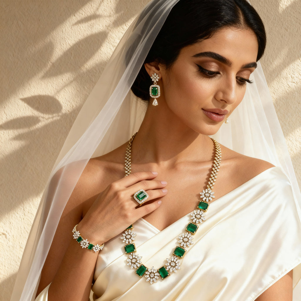 Royal Emerald Green Antique Imitation Jewelry Set – Necklace, Earrings & Ring for Bridal & Festive Wear