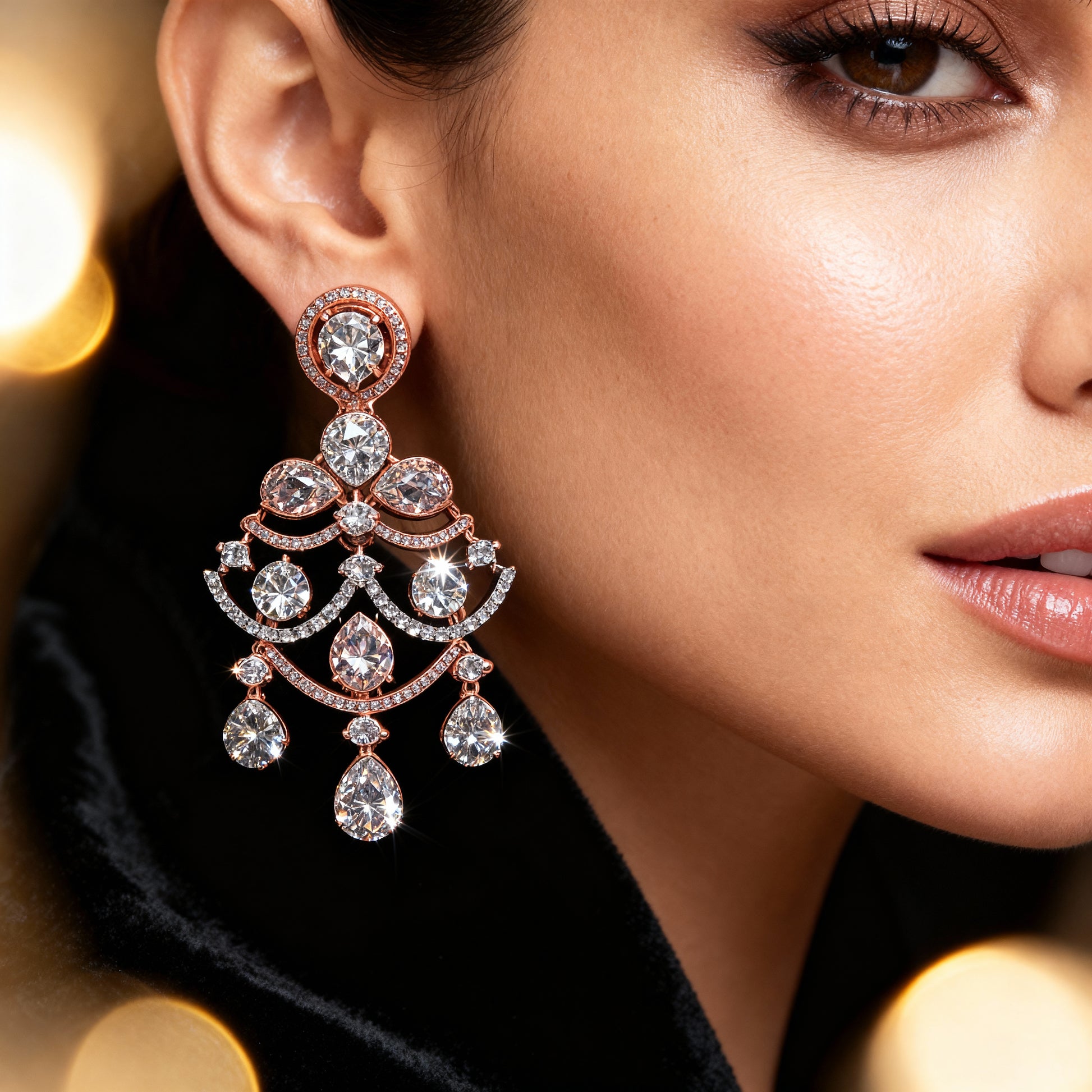 Luxury Rose Gold Layered Necklace Set with Chandelier Earrings | Diamond Look Bridal Jewelry